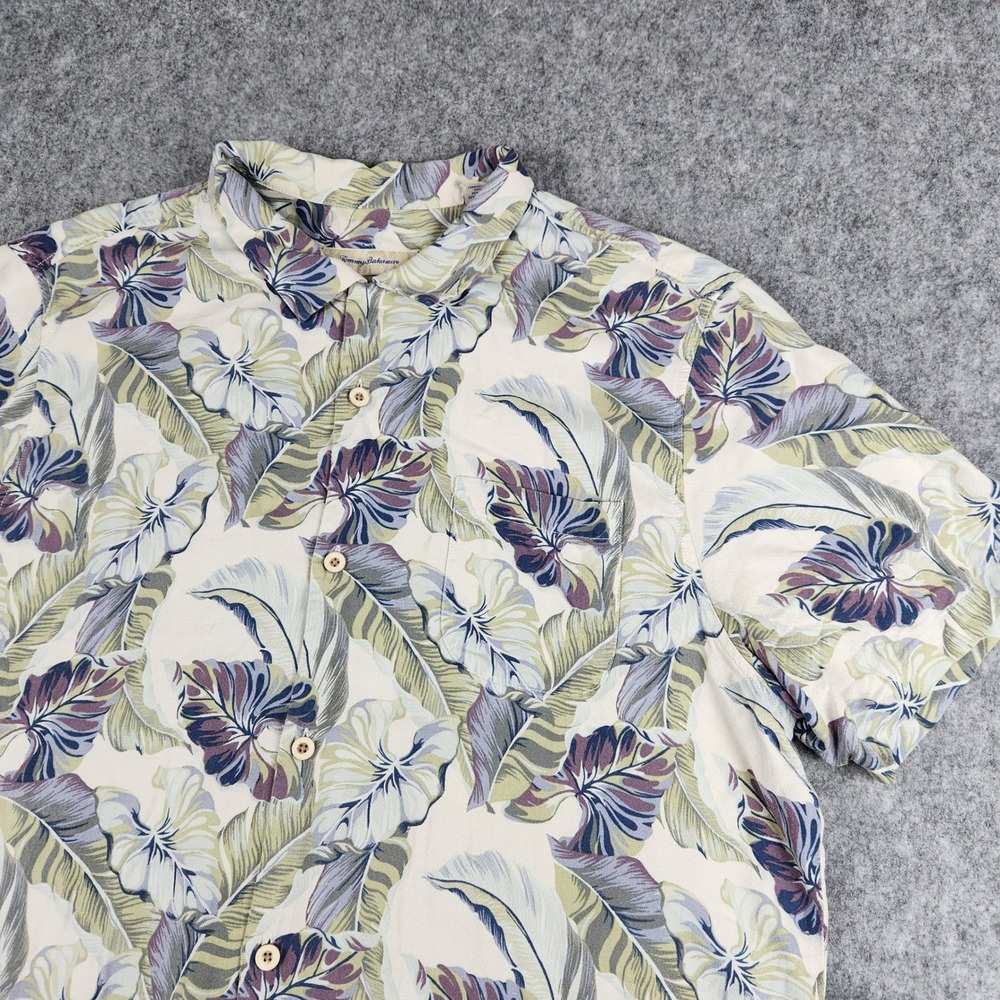 Tommy Bahama Shirt Men XXL Beige Silk Rayon Loop Collar Tropical Floral Aloha